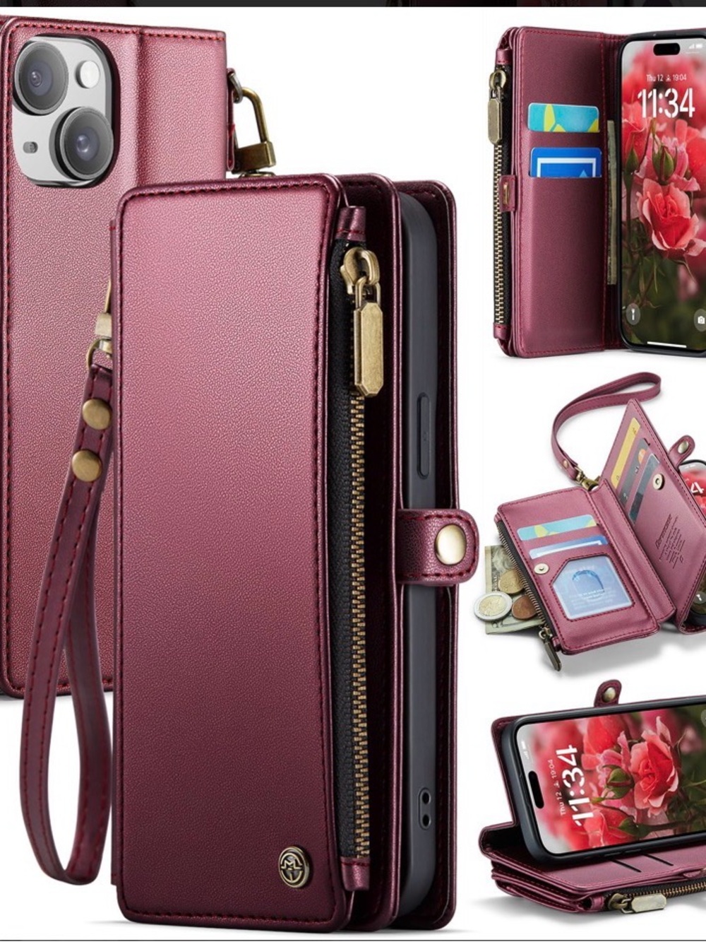 Burgundy Wallet Phone Case with Zipper Pocket & Wrist Strap